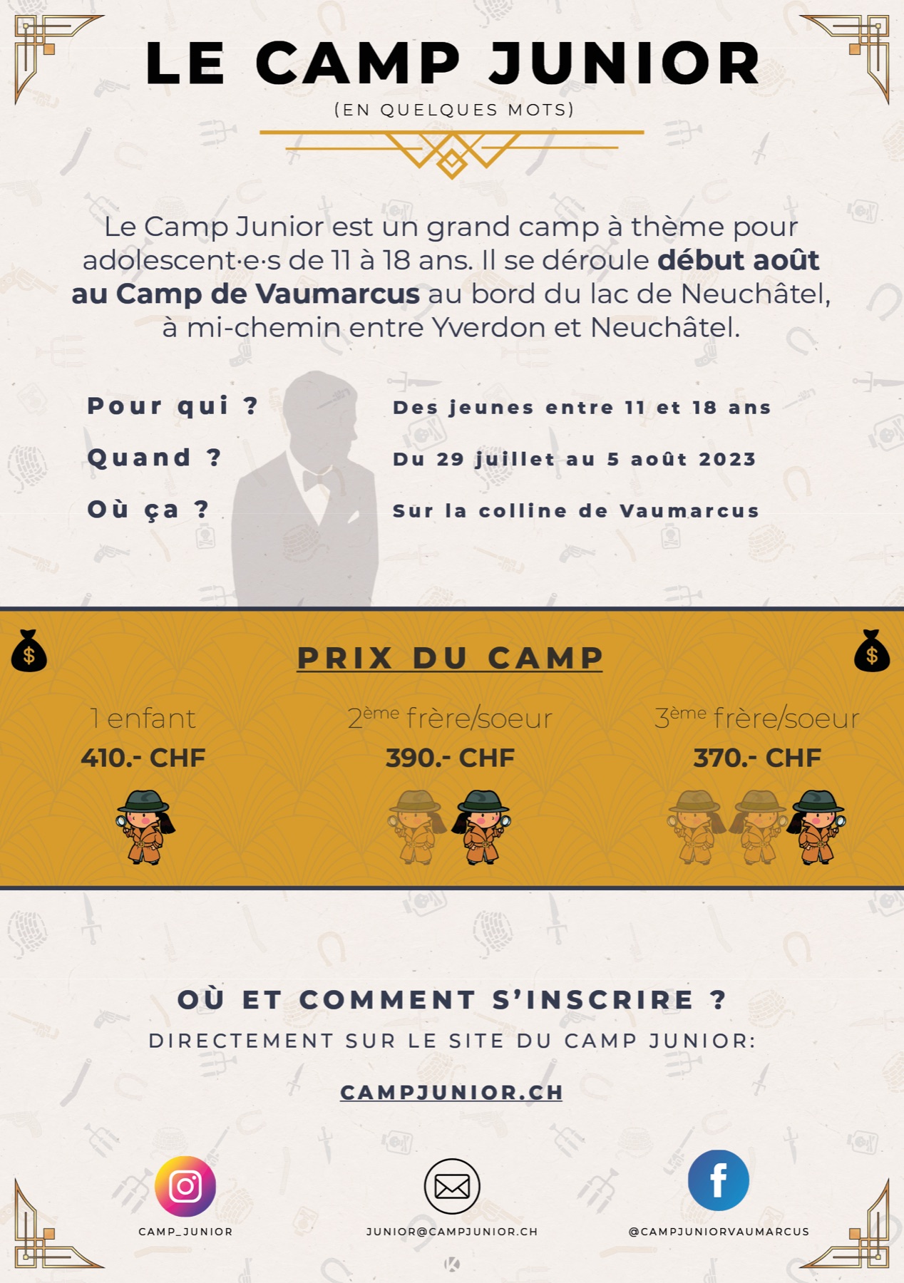 Verso de l'affiche Camp Junior 2023 : informations pratiques et tarifs du camp.